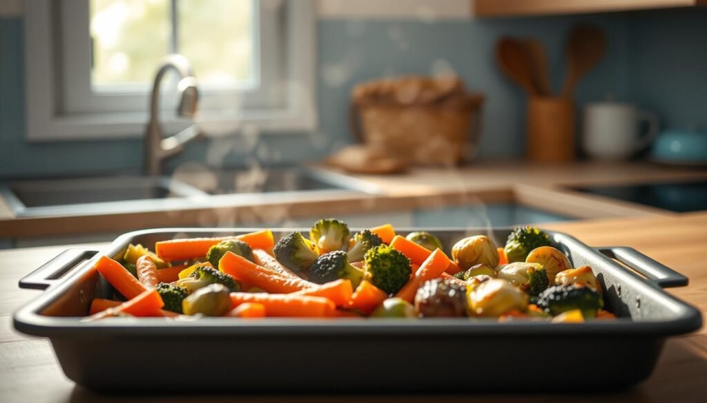 A cozy, minimalist kitchen with light blue accents and warm, wooden textures. In the center, a baking tray filled with crisp, vibrant vegetables - carrots, broccoli, and Brussels sprouts - gently steaming as they reheat. Soft, natural lighting casts a gentle glow, highlighting the intricate patterns and textures of the produce. The vegetables appear freshly roasted, with a delicate caramelization on the edges, promising a satisfying crunch and depth of flavor. The scene exudes a sense of comforting, homemade warmth, inviting the viewer to savor a delicious, well-prepared family meal.