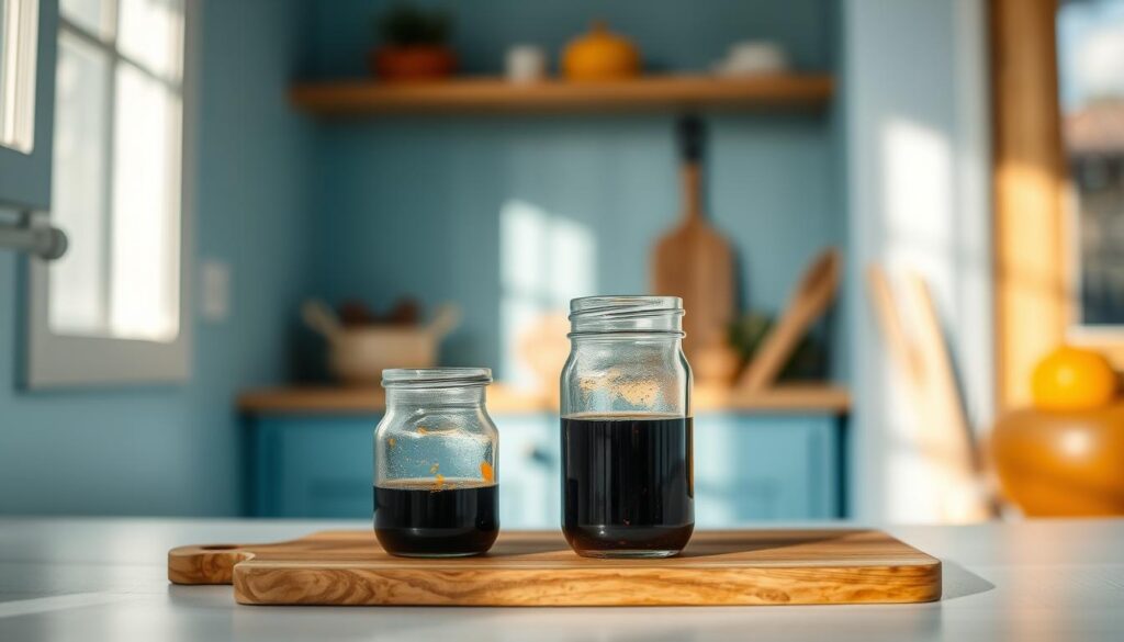 A cozy, minimalist kitchen with light blue accents and warm wooden textures. In the center, two small glass jars filled with vibrant orange zest and rich, dark soy sauce sit atop a wooden cutting board. The lighting is soft and natural, casting a gentle glow on the ingredients. The scene evokes a sense of simplicity and culinary inspiration, hinting at the flavorful possibilities of these humble enhancers.