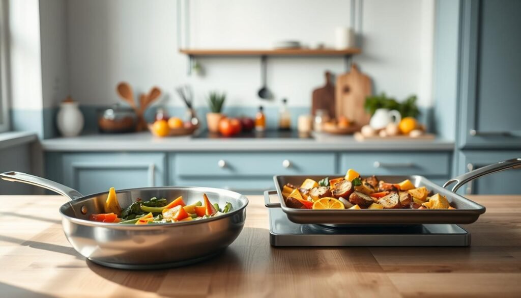 A cozy, minimalist kitchen with light blue accents and warm wooden textures. In the foreground, two stainless steel cooking pans sit side by side, one with sizzling vegetables and the other with a sheet pan of roasted vegetables. Soft, natural lighting illuminates the scene, casting gentle shadows. In the middle ground, a variety of fresh produce, spices, and cooking utensils are neatly arranged, hinting at the preparation process. The background features clean, uncluttered walls, suggesting a serene and focused atmosphere for the cooking methods on display.