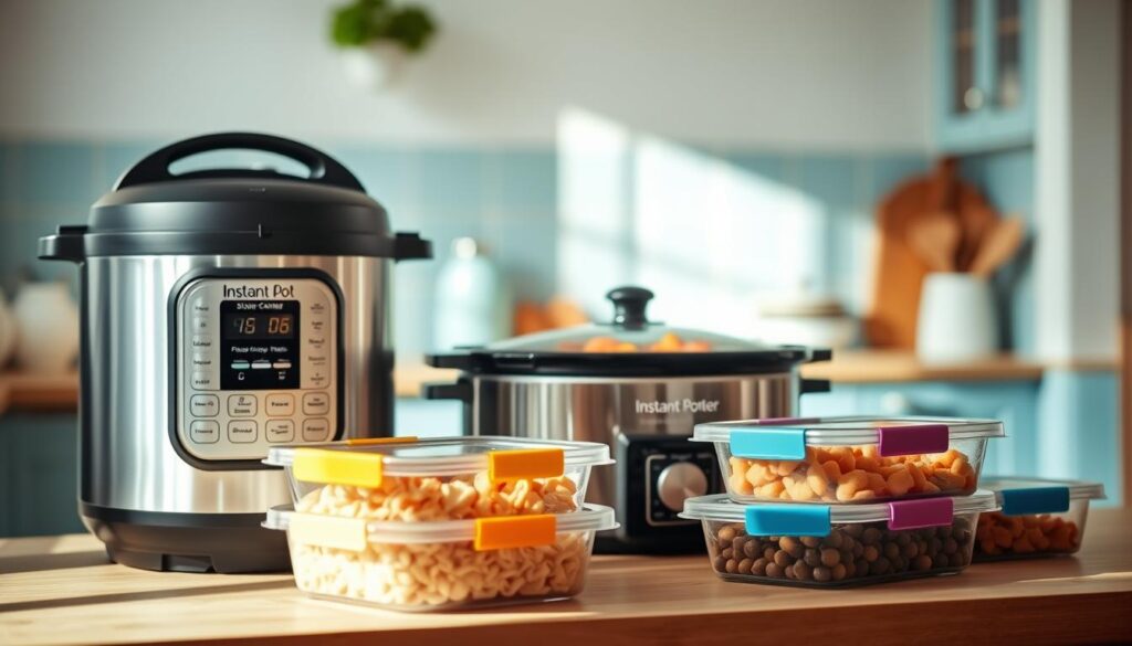 A cozy, minimalist kitchen with light blue accents and warm wooden textures. In the foreground, an Instant Pot and a slow cooker stand side by side, their distinct silhouettes contrasting yet complementing each other. The Instant Pot, sleek and modern, exudes efficiency, while the slow cooker, with its classic oval shape, embodies the gentle patience of slow-cooked meals. In the middle ground, neatly labeled, color-coded containers filled with homemade, freezer-friendly dishes wait to be selected. The scene is bathed in soft, natural lighting, creating a calming atmosphere that invites the viewer to envision the delicious, make-ahead meals that can be easily assembled using these versatile kitchen appliances.