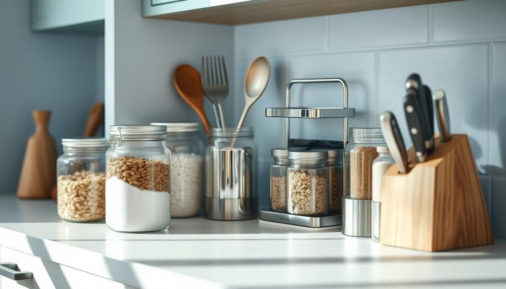 A cozy, minimalist kitchen with light blue accents and warm wooden textures. On the counter, a carefully curated collection of essential kitchen organization tools - glass jars filled with pantry staples, a sleek stainless steel utensil holder, a modern spice rack, and a stylish knife block. The lighting is soft and diffused, creating a calming atmosphere. The camera angle is slightly elevated, capturing the orderly arrangement of these practical yet aesthetically pleasing items, showcasing how efficient kitchen systems can streamline batch cooking.