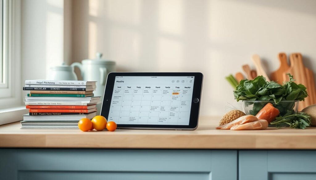 A cozy, minimalist kitchen with light blue accents and warm wooden textures. On the countertop, a stack of recipe books, a digital tablet displaying a meal planning schedule, and an assortment of fresh ingredients - vegetables, herbs, and lean proteins. The lighting is soft and natural, casting a gentle glow over the scene. In the foreground, a weeknight meal plan with quick, nutritious dishes, while the weekend meal plan features more elaborate, family-style meals. The overall atmosphere is organized, efficient, and conducive to healthy, delicious home-cooked dinners.