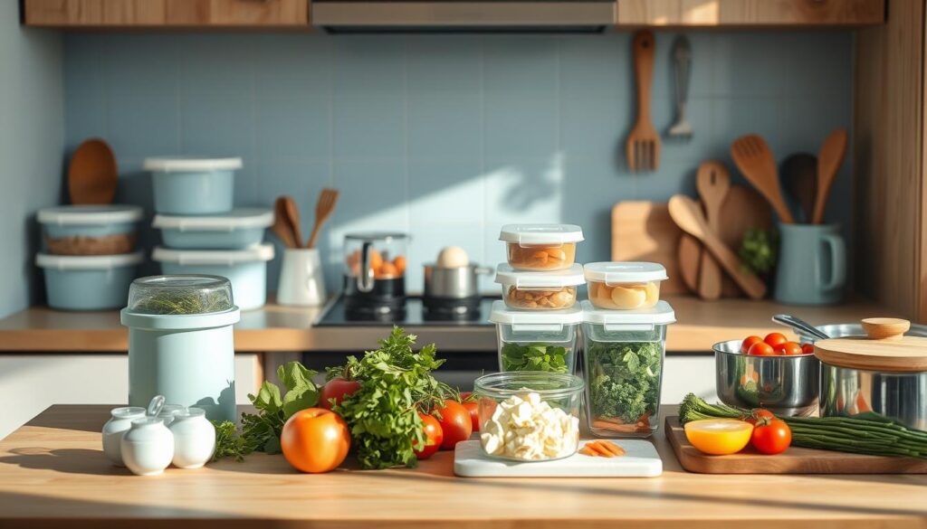 A cozy, minimalist kitchen with light blue accents and warm wooden textures. On the countertop, an array of neatly organized containers, measuring cups, and cooking utensils. Fresh herbs, chopped vegetables, and pre-portioned ingredients are arranged in a visually appealing manner, showcasing efficient meal prep strategies. The soft, directional lighting casts gentle shadows, emphasizing the streamlined workflow. The scene conveys a sense of calm productivity, inviting the viewer to imagine a well-planned, time-saving approach to family dinner preparation.