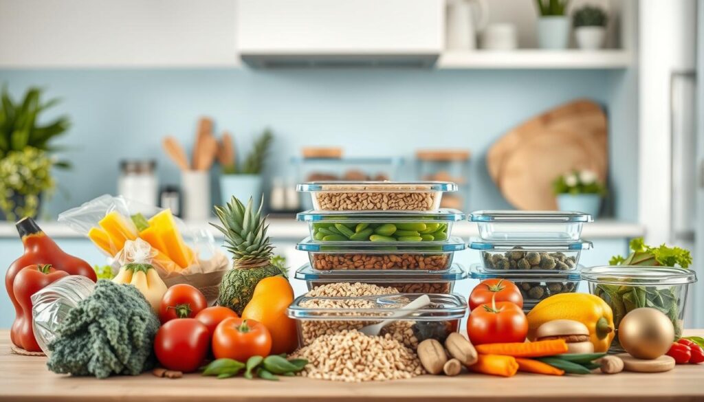 A cozy, minimalist kitchen with light blue accents and wooden textures provides the backdrop for an array of meal prep essentials. In the foreground, a variety of fresh produce, grains, and protein sources are artfully arranged, suggesting the possibilities for wholesome, balanced meals. The mid-ground features glass meal prep containers, neatly stacked and ready for customization. Soft, diffused lighting casts a warm glow, creating an inviting and organized atmosphere, perfect for planning and executing a month's worth of batch-cooked dinners.