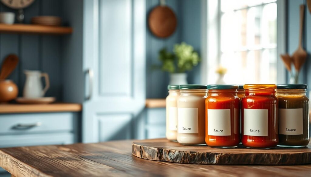 A cozy, minimalist kitchen with light blue accents and wooden textures sets the stage for a collection of neatly arranged sauces, each in a small glass jar with a simple label. The jars are positioned on a rustic wooden table, bathed in soft, natural lighting from a nearby window. The sauces range from vibrant reds and oranges to creamy whites and pale greens, hinting at the diverse flavors and possibilities for weekly meal planning. The arrangement conveys a sense of organization, preparation, and the promise of delicious, homemade family dinners.