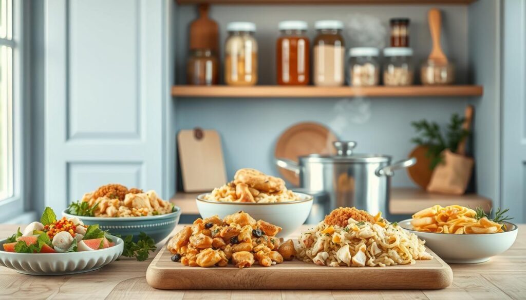 A cozy, minimalist kitchen with light blue accents and wooden textures, showcasing an array of creative leftover chicken dishes. In the foreground, a variety of chicken-based meals, from chicken salad to chicken fried rice, are artfully arranged on a wooden cutting board. The middle ground features a simmering pot of chicken noodle soup, steam rising gently. In the background, a shelf displays jars of chicken stock and other pantry items, suggesting the versatility of leftover chicken. The scene is illuminated by soft, natural lighting, conveying a sense of warmth and homemade comfort.