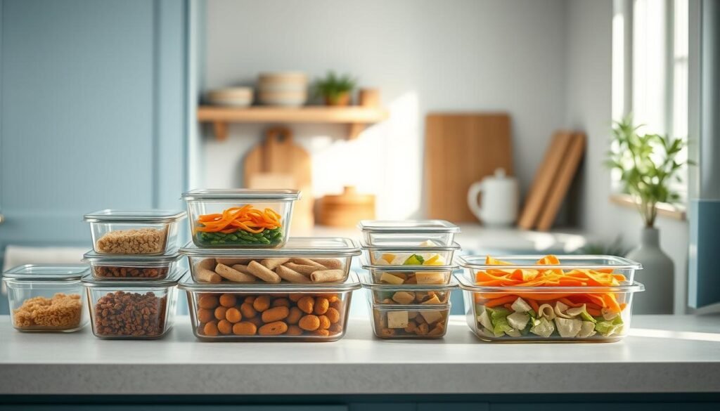 A cozy, minimalist kitchen with light blue accents and wooden textures. On the counter, an assortment of neatly organized glass containers, each filled with a different allergy-friendly freezer meal. The meals are prepared with care, using fresh, whole ingredients. The soft, natural lighting casts a warm glow, creating a peaceful, inviting atmosphere. No hands are visible, emphasizing the thoughtful preparation of these make-ahead family dinners, tailored for special dietary needs.
