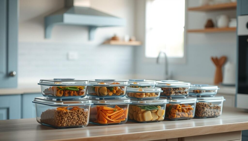 A cozy, minimalist kitchen with light blue accents and wooden textures. On the counter, an array of neatly arranged glass containers holding a variety of pre-cooked meals, their contents visible through the transparent lids. The lighting is soft and diffused, creating a warm, inviting atmosphere. The scene conveys a sense of organization and attention to preserving the freshness and flavor of the homemade dishes, ready to be enjoyed whenever needed.