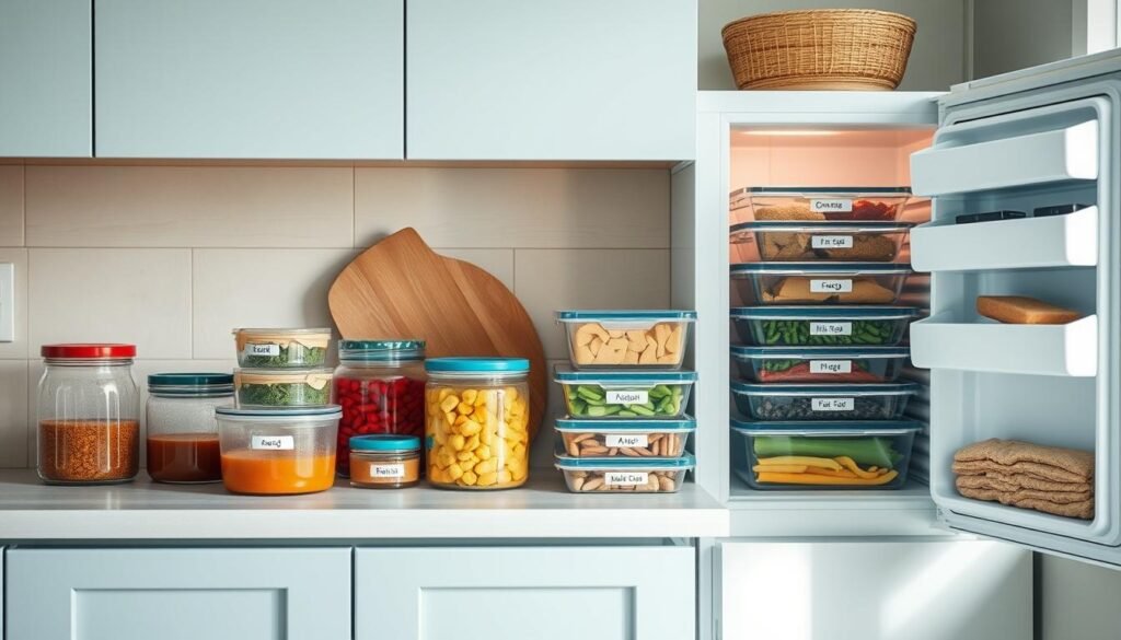 A cozy, minimalist kitchen with light blue accents and wooden textures. On the counter, various glass containers filled with neatly organized gluten-free meal components - sauces, vegetables, proteins. Nearby, an open freezer reveals stacks of labeled, airtight containers, ready for batch cooking and long-term storage. Soft, diffused lighting illuminates the scene, creating a calm, organized atmosphere perfect for meal prep and freezing tips.