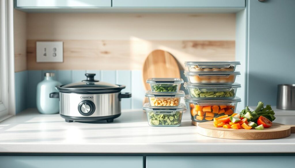 A cozy, minimalist kitchen with light blue accents and wooden textures. On the countertop, various meal preparation items are neatly arranged: a slow cooker, a covered casserole dish, a stack of meal prep containers, and a cutting board with chopped vegetables. The overall atmosphere is one of efficiency and organization, highlighting the benefits of make-ahead family dinners. Soft, natural lighting illuminates the scene, creating a warm and inviting ambiance.