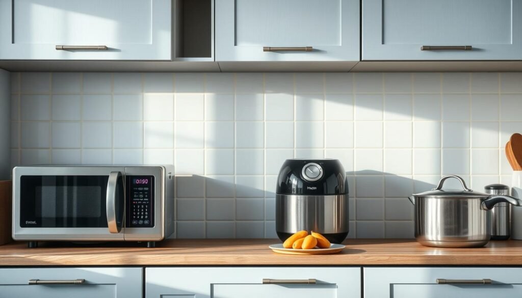 A cozy, minimalist kitchen with light blue accents and wooden textures. On the countertop, a grid-like arrangement of various reheating methods laid out for comparison - a microwave, a conventional oven, an air fryer, and a stovetop pot. Each method is represented by a carefully staged setup, showcasing the unique way it reheats the dish. Soft, directional lighting illuminates the scene, casting gentle shadows and highlighting the textures. The overall mood is one of thoughtful consideration, inviting the viewer to explore the nuances of each reheating approach.
