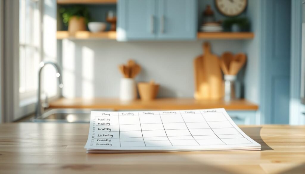 A cozy, minimalist kitchen with light blue accents and wooden textures. On the countertop, a clean, organized weekly meal prep schedule neatly handwritten in black ink. The schedule is divided into distinct sections for each day, with healthy, delicious meal options listed. The layout is simple yet visually appealing, inviting the viewer to imagine the efficient meal planning happening in this space. Soft, natural lighting illuminates the scene, creating a warm and welcoming atmosphere. The overall impression is one of thoughtful organization and a commitment to nourishing, homemade family dinners.