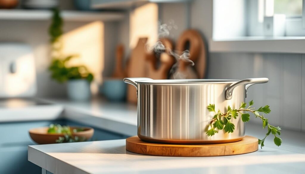 A cozy, minimalist kitchen with light blue accents and wooden textures. On the countertop, a simmering pot emits enticing aromas, steam gently rising. Fresh herbs and spices adorn the scene, hinting at the flavorful enhancements within. The warm lighting casts a comforting glow, inviting the viewer to imagine the transformed sauces and stews, their flavors deepened and enriched through the reheating process. The overall atmosphere conveys a sense of culinary tranquility, where simple techniques elevate the dining experience.