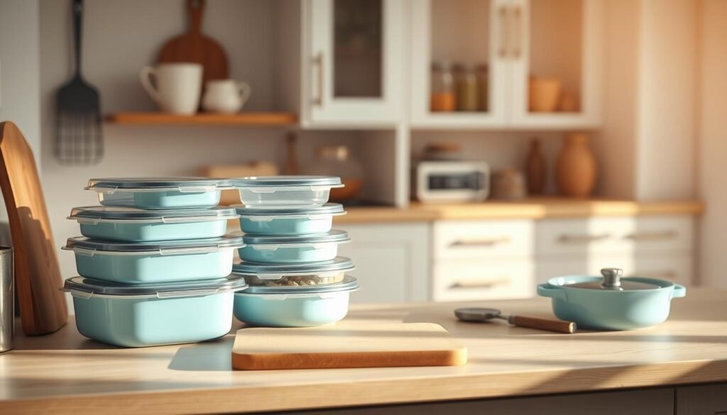 A cozy, minimalist kitchen with light blue accents and wooden textures. On the countertop, an array of meal prep containers, a cutting board, and a few kitchen tools arranged in an orderly, efficient manner. The scene is bathed in warm, natural lighting, creating a serene and inviting atmosphere. In the background, a well-organized pantry with jars and spices, hinting at the preparation and organization involved in efficient meal prepping. The overall composition conveys a sense of simplicity, organization, and energy-saving practices.