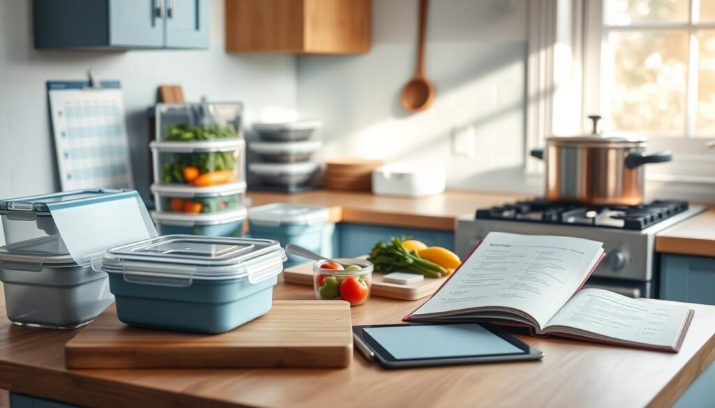 A cozy, minimalist kitchen with light blue accents and wooden textures. On the countertop, an array of meal prep containers, a weekly meal planner, and a cutting board with fresh produce. A pot simmers on the stove, emitting the aroma of a home-cooked meal. Sunlight streams in through the window, casting a warm glow on the scene. A tablet or notebook sits nearby, open to a page with notes on meal planning strategies. The atmosphere is one of organization, productivity, and a dedication to healthy, home-cooked meals.