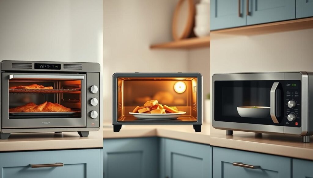 A cozy, minimalist kitchen with light blue accents and wooden textures. Three common oven reheating methods displayed prominently: a convection oven, a toaster oven, and a microwave oven. The convection oven showcases crisp, evenly heated leftovers; the toaster oven warms a plate of food with a golden-brown crust; the microwave efficiently reheats a bowl of steaming soup. The lighting is soft and diffused, creating a warm, inviting atmosphere. The angles capture the appliances from a slight overhead perspective, highlighting their functionality and design. No hands visible, emphasizing the autonomous nature of these reheating techniques.