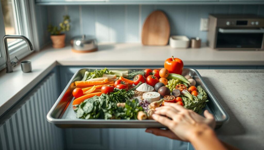A cozy, minimalist kitchen with light blue accents provides the perfect setting for an ingredient layout sheet pan. Neatly arranged ingredients, such as fresh vegetables, herbs, and seasonings, take center stage on a sleek, stainless steel baking sheet. The scene is bathed in warm, natural lighting, highlighting the textures and colors of the produce. The composition is balanced and organized, showcasing the careful preparation required for an efficient sheet pan dinner. The absence of hands in the frame emphasizes the thoughtful, intentional layout, inviting the viewer to imagine the delicious meal to come.