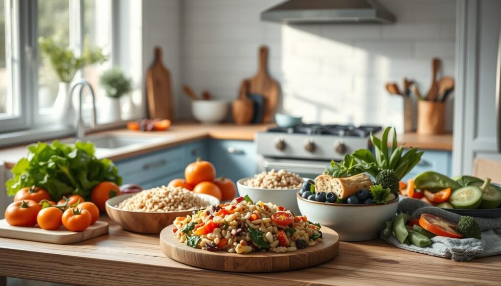 A cozy, minimalist kitchen with light blue accents sets the stage for a selection of allergy-safe freezer meal recipes. Vibrant vegetables, grains, and plant-based proteins are neatly arranged on a wooden table, showcasing the delicious and nutritious options available. The soft, natural lighting enhances the earthy tones, creating a warm and inviting atmosphere. The carefully curated dishes represent a thoughtful collection of make-ahead family dinners that cater to special dietary needs, ensuring allergy-safe enjoyment for all.