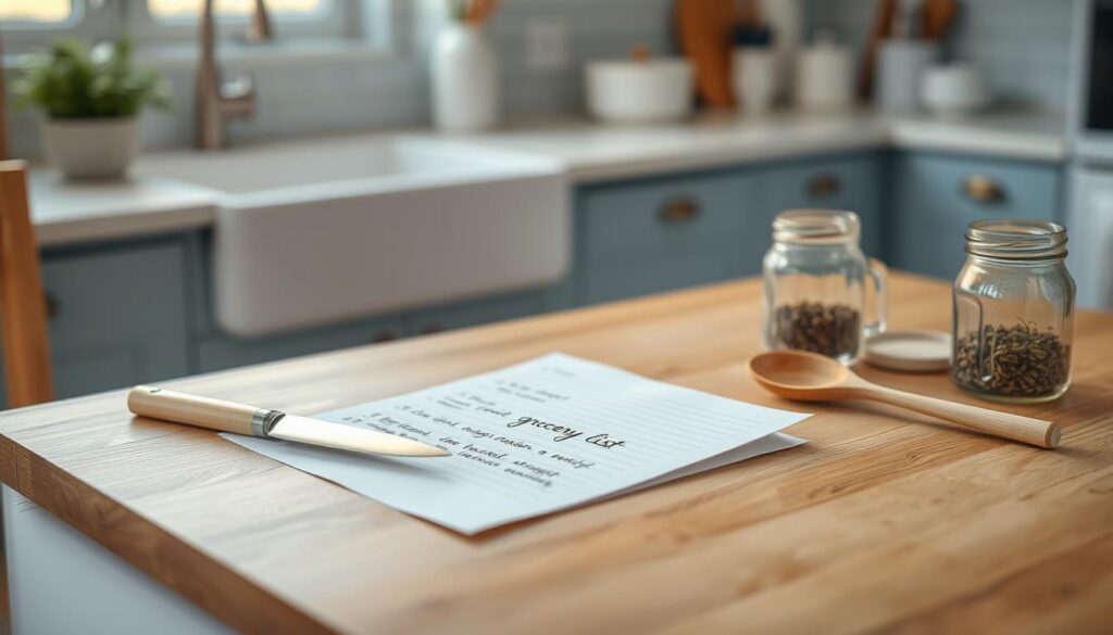 A cozy, minimalist kitchen with light blue accents sets the stage for an organized grocery list neatly arranged on a wooden table. The list, handwritten in a clean, legible script, is surrounded by essential cooking tools - a sharp knife, a wooden spoon, and a small glass jar filled with dried herbs. Soft, natural lighting from a nearby window casts a warm glow, highlighting the textures and colors of the scene. The overall atmosphere is one of calm, efficiency, and thoughtful preparation, setting the tone for a successful batch cooking session with the family.