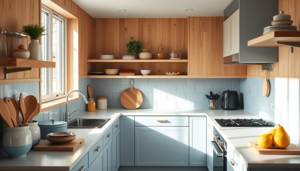 A cozy, minimalist kitchen with natural wood tones and light blue accents. Countertops are clear, with neatly organized prep tools and a few fresh ingredients ready to be transformed into a wholesome, make-ahead meal. Soft, natural lighting filters in, casting a warm, comforting glow. The atmosphere exudes a sense of calm and efficiency, hinting at the benefits of planning ahead and minimizing cleanup for time-strapped parents. No hands visible, just the serene, uncluttered space that embodies the ease and stress-reduction of make-ahead family dinners.