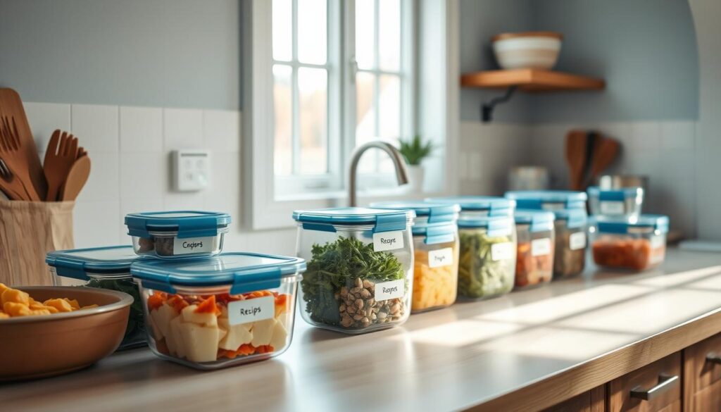 A cozy, minimalist kitchen with soft blue accents and wooden textures sets the stage for a well-organized meal prep workflow. On the countertop, an array of labeled glass containers holds freshly prepared ingredients and recipes, inviting the viewer to envision a seamless family dinner experience. Soft, natural lighting highlights the process, capturing the essence of a methodical, yet relaxed culinary routine. The scene exudes a sense of order and efficiency, emphasizing the core theme of 