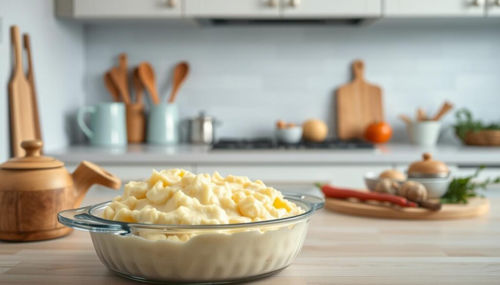 A cozy, minimalist kitchen with soft light blue accents and warm wooden textures. In the foreground, a baking dish filled with creamy, golden mashed potatoes, its surface gently reflecting the kitchen's calming ambiance. Surrounding the dish, an assortment of kitchen utensils and ingredients, meticulously arranged to suggest a carefully planned meal preparation. The midground features a clean, uncluttered countertop, while the background showcases a simple, yet elegant backsplash and cabinets, creating a sense of order and tranquility. The overall atmosphere conveys a feeling of thoughtful meal planning, where the focus is on creating nourishing, make-ahead family dinners that reduce stress and bring loved ones together.