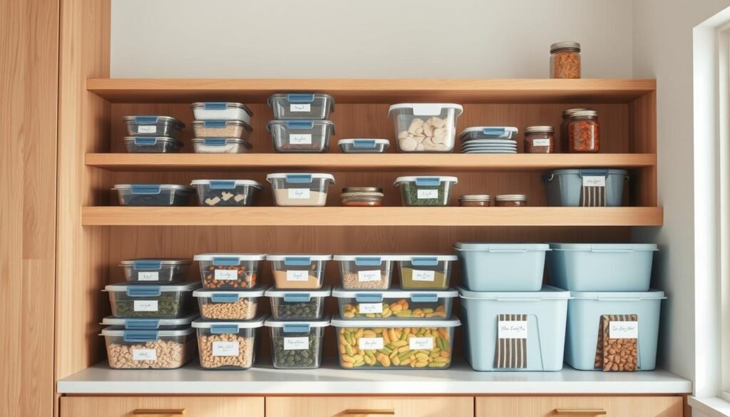 A cozy, minimalist kitchen with warm wooden textures and light blue accents provides the backdrop for an organized display of various freezer meal storage solutions. Elegant glass containers, stackable plastic bins, and labeled mason jars line the shelves, creating a visually appealing and efficient storage system. The soft, diffused lighting casts a gentle glow, highlighting the carefully curated arrangement. The overall atmosphere conveys a sense of calm and control, reflecting the thoughtful preparation of family-friendly meals for the week ahead.