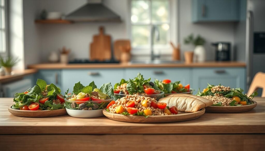 A cozy, minimalist kitchen with warm wooden textures and light blue accents serves as the backdrop. On a simple wooden table, an assortment of balanced, nutrient-dense dishes takes center stage. Fresh greens, vibrant vegetables, whole grains, and lean proteins are artfully arranged, showcasing the health benefits of a well-rounded cold lunch. The scene is bathed in soft, natural lighting, creating a calming, inviting atmosphere that highlights the wholesome and sophisticated nature of these gourmet cold meal options.