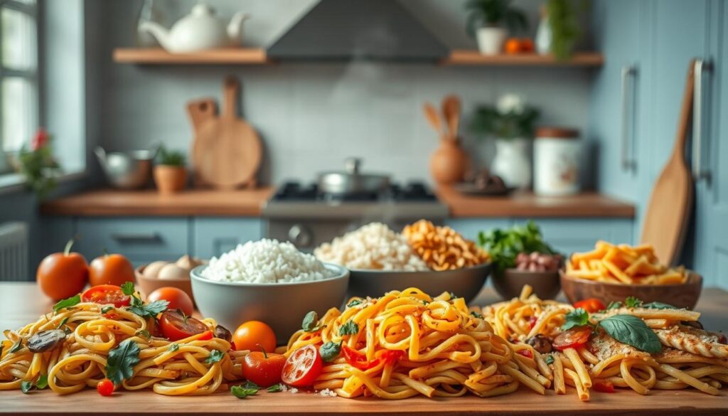 A cozy, minimalist kitchen with warm wooden textures and light blue accents serves as the backdrop for a vibrant display of creative pasta and rice dishes. In the foreground, a variety of pasta shapes, from delicate linguine to hearty penne, are artfully arranged alongside vibrant vegetables, fragrant herbs, and a selection of sauces, each promising a unique culinary experience. In the middle ground, a steaming pot of fluffy white rice sits alongside a selection of toppings, from sautéed mushrooms to tangy pickled onions, inviting the viewer to craft their own personalized rice-based creations. The soft, diffused lighting casts a warm glow over the scene, capturing the comforting and inspiring nature of these versatile, make-ahead family dinner options.