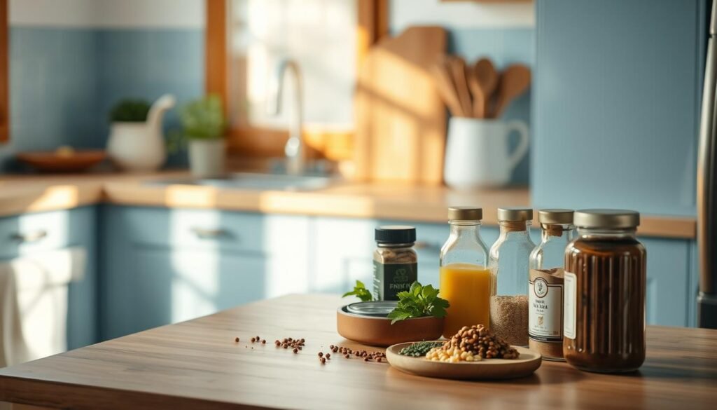 A cozy, minimalist kitchen with warm wooden textures and light blue accents serves as the backdrop. On the countertop, a selection of spices, herbs, and sauces are artfully arranged, hinting at the potential for flavor enhancement. The scene is bathed in soft, directional lighting, casting gentle shadows and highlighting the textures of the ingredients. The overall mood is one of culinary exploration and the promise of elevated leftovers, inviting the viewer to imagine the possibilities of simple yet impactful flavor combinations.