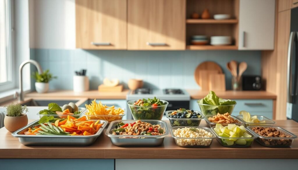 A cozy, minimalist kitchen with warm wooden textures and light blue accents serves as the backdrop. On the countertop, an assortment of freshly prepared meals is neatly arranged, showcasing the vibrant colors and wholesome ingredients. Soft, diffused lighting illuminates the scene, creating a serene and inviting atmosphere. The arrangement of the dishes conveys a sense of organization and efficiency, highlighting the benefits of meal prep for both health and time savings. The overall composition emphasizes the simplicity and practicality of this nutritious approach to cooking.