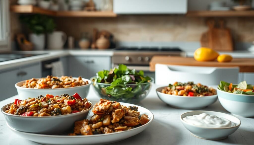 A cozy, minimalist kitchen with warm wooden textures and light blue accents sets the scene. In the foreground, an array of hearty, veggie-loaded casseroles brimming with roasted vegetables, grains, and plant-based proteins. In the middle ground, vibrant salads with leafy greens, vibrant produce, and creamy dressings beckon. Soft, natural lighting casts a welcoming glow, capturing the nourishing essence of these make-ahead, plant-based family meals.