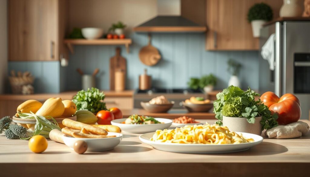 A cozy, minimalist kitchen with warm wooden textures and light blue accents sets the stage for a collection of easy family dinner recipes. In the foreground, a variety of fresh, wholesome ingredients are artfully arranged, inviting the viewer to imagine the delicious meals that can be prepared. The middle ground showcases a few simple, yet mouthwatering dishes, their flavors and aromas wafting through the air. In the background, a sense of calm and organization prevails, hinting at the efficiency and convenience of these recipes that fit a busy lifestyle. Soft, natural lighting casts a welcoming glow, creating an atmosphere of comfort and nourishment.