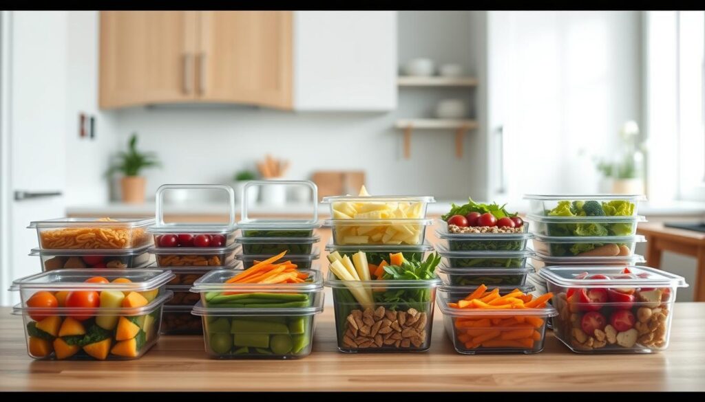 A cozy, minimalist kitchen with warm wooden textures and light blue accents sets the stage. In the foreground, an array of meal prep containers in various sizes and shapes are neatly arranged, their lids open to reveal a variety of fresh, healthy ingredients. The middle ground showcases the benefits of meal prepping - increased portion control, reduced food waste, and easy access to nutritious meals. In the background, a clean, well-organized pantry hints at the organizational advantages of this approach. The overall atmosphere is one of efficiency, wellness, and a thoughtful, intentional approach to mealtime.