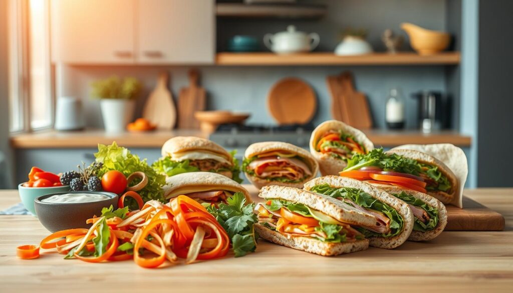 A cozy, minimalist kitchen with warm wooden textures and light blue accents showcases an artful arrangement of creative sandwich ideas. In the foreground, a range of freshly prepared fillings are displayed - crisp vegetables, savory meats, creamy spreads, and vibrant herbs. The middle ground features expertly crafted sandwiches and wraps, each with a unique flavor profile and presentation. The background subtly hints at the kitchen's functionality, with clean lines and carefully curated accessories that complement the overall mood. The scene is bathed in soft, natural lighting that accentuates the textures and colors, inviting the viewer to imagine the delicious possibilities of these portable lunch options.