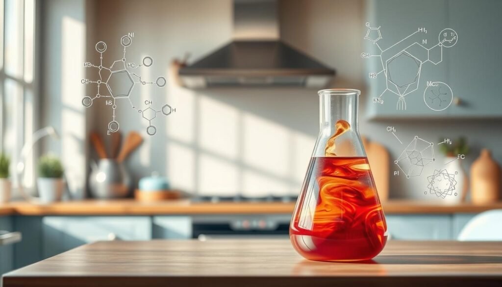 A cozy, minimalist kitchen with warm wooden textures and light blue accents. A glass beaker filled with a vibrant, swirling liquid sits on a stainless steel countertop, backlit by soft, diffused lighting. Intricate molecular diagrams and scientific illustrations float in the background, hinting at the complex chemical processes behind flavor retention in reheated meals. The scene conveys a sense of scientific inquiry and the delicate balance between heat, time, and taste.