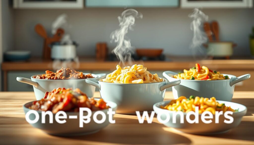 A cozy, minimalist kitchen with warm wooden textures and light blue accents. In the center, a variety of one-pot pasta dishes: hearty bolognese, creamy mac and cheese, and a vibrant veggie-packed primavera. Steam rises from the dishes, hinting at the mouthwatering flavors within. The scene is illuminated by soft, natural lighting that casts a comforting glow, capturing the essence of 