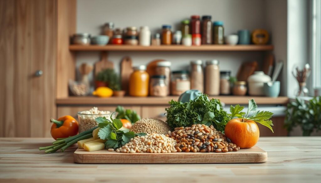 A cozy, minimalist kitchen with warm wooden textures and light blue accents. In the foreground, an assortment of fresh vegetables, beans, grains, and herbs are neatly arranged on a wooden cutting board, hinting at the nutritious ingredients to be incorporated into a versatile recipe. In the middle ground, a variety of jars, cans, and containers hold a range of pantry staples, suggesting the flexibility to adapt the dish based on available ingredients. The background is softly lit, creating a serene atmosphere for thoughtful meal planning and recipe optimization to make the most of limited resources.