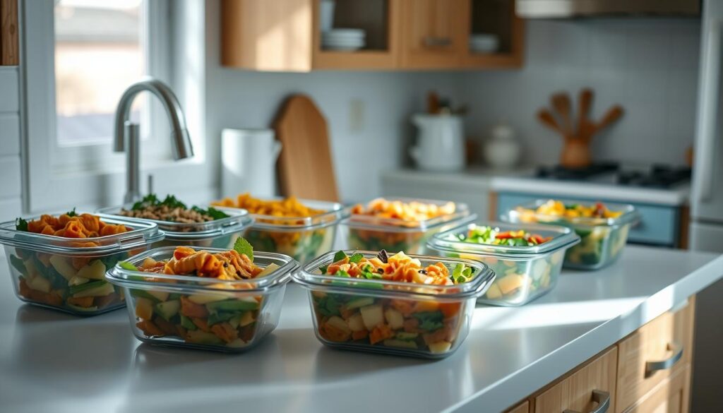 A cozy, minimalist kitchen with warm wooden textures and light blue accents. On a clean, uncluttered countertop, an assortment of neatly arranged meal containers, each filled with a wholesome, visually appealing dish. The lighting is soft and natural, casting a gentle glow that highlights the fresh ingredients and well-balanced flavors. The scene conveys the benefits of make-ahead meals - convenience, flavor variety, and a stress-free approach to feeding a busy household.
