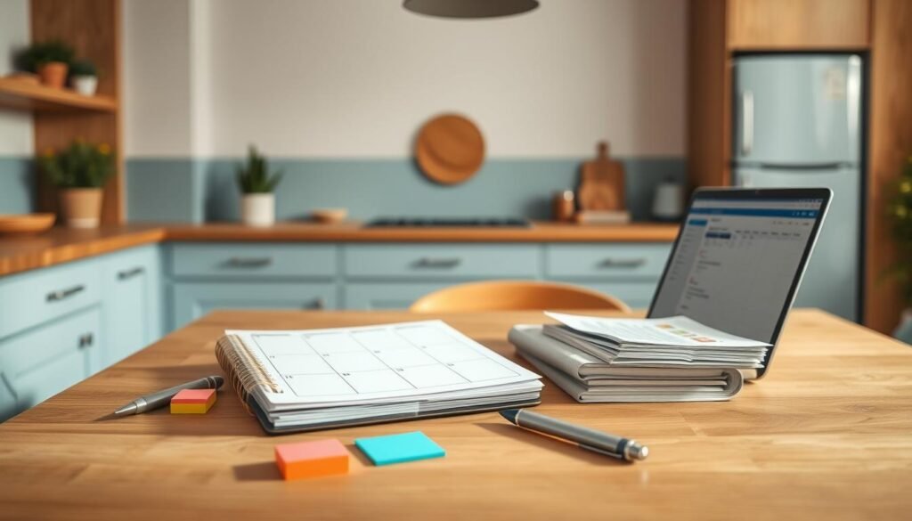 A cozy, minimalist kitchen with warm wooden textures and light blue accents. On a wooden table, a selection of meal planning supplies: a weekly planner, colorful sticky notes, a pen, and a stack of recipes. A laptop displays a spreadsheet with meal schedules and prep lists. Overhead, soft, diffused lighting casts a gentle glow, creating a focused, organized atmosphere for meal planning strategies.