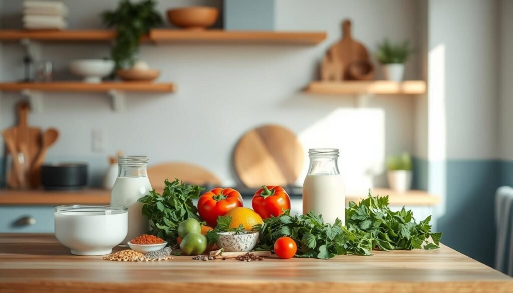A cozy, minimalist kitchen with warm, wooden textures and light blue accents. On the countertop, an assortment of dairy-free ingredients - creamy cashew milk, fragrant spices, fresh herbs, and vibrant vegetables. The lighting is soft and natural, casting a gentle glow over the scene. The arrangement is carefully balanced, showcasing the harmonious flavors and textures of a dairy-free dish, inviting the viewer to imagine the delicious, nourishing meal that could be prepared in this space.