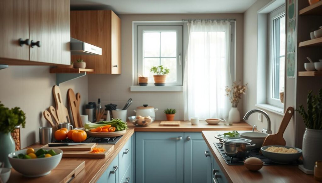 A cozy, minimalist kitchen with warm wooden textures and light blue accents. On the counter, various meal prep tasks are underway - chopping vegetables, measuring spices, mixing ingredients in bowls. The atmosphere is calm and focused, with natural lighting filtering in from the nearby windows. The camera angle captures the scene from an overhead perspective, showcasing the organized workflow of a family's dinner preparation.