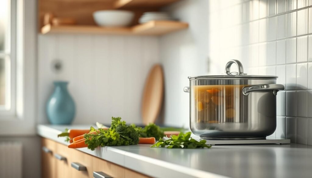 A cozy, minimalist kitchen with warm wooden textures and light blue accents. On the counter, a large pot simmers with homemade chicken soup. Fresh herbs, carrots, and celery line the preparation area, waiting to be chopped and added. The soft, diffused lighting casts a comforting glow, creating an inviting atmosphere perfect for a soothing, nourishing meal. Crisp white tiles and clean lines frame the scene, emphasizing the simplicity and care of the cooking process. This serene, focused tableau captures the essence of preparing a nourishing, comforting dish - the perfect illustration for a step-by-step guide on main dishes and soups.