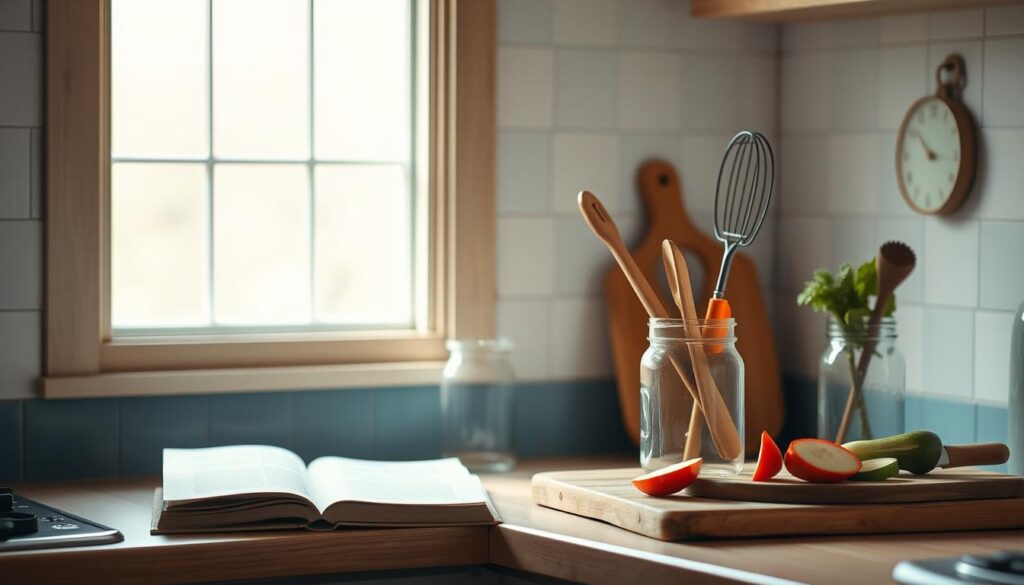 A cozy, minimalist kitchen with warm wooden textures and light blue accents. On the counter, a collection of kitchen essentials - a vintage cookbook, a mason jar filled with cooking utensils, and a cutting board with sliced vegetables. A soft, diffused light fills the space, casting gentle shadows and highlighting the simplicity of the scene. The atmosphere conveys a sense of timeless wisdom, where family traditions and modern hacks coexist in harmony, inspiring the preparation of nourishing, make-ahead meals that can be transformed into delicious lunches.