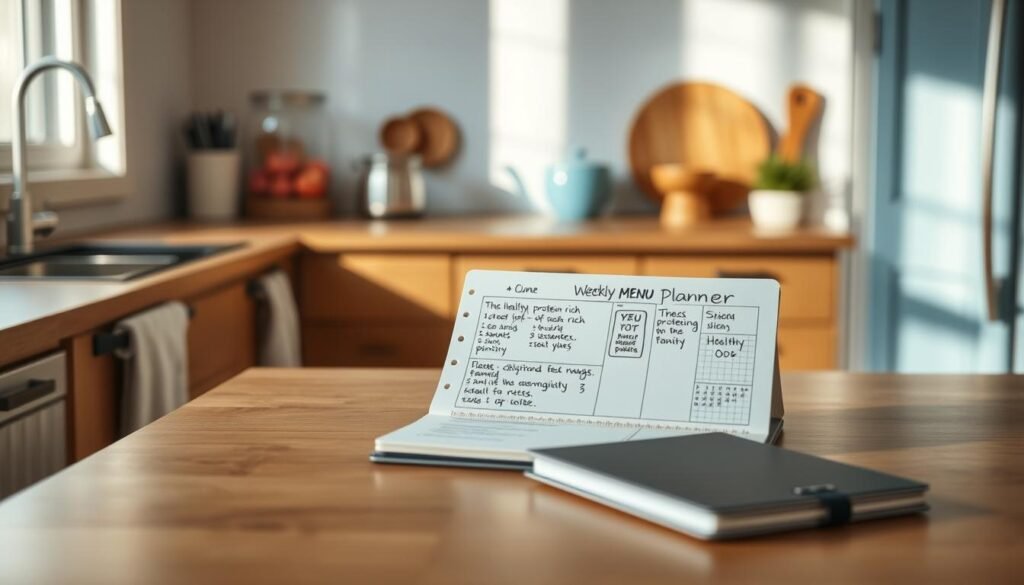 A cozy, minimalist kitchen with warm wooden textures and light blue accents. On the counter, a neatly arranged weekly menu planner, with handwritten notes and healthy, protein-rich meal ideas for an active family. A sleek tablet or notebook sits nearby, open to a digital version of the plan. Soft, diffused lighting casts a gentle glow, creating a calming, organized atmosphere for planning delicious, nutritious family dinners.