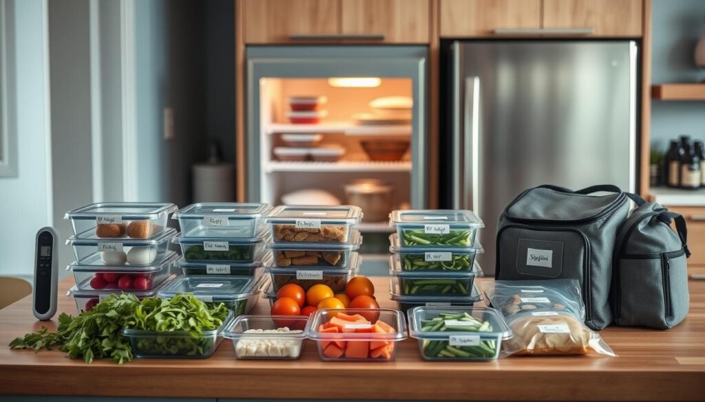 A cozy, minimalist kitchen with warm wooden textures and light blue accents. On the counter, an array of freezer-friendly meal prep containers, neatly organized. Fresh herbs, chopped vegetables, and labeled bags of pre-portioned ingredients sit alongside a digital thermometer and insulated lunch bags. A stainless steel freezer sits in the background, its door slightly ajar, revealing a well-stocked interior. The scene conveys a sense of efficiency and planning, with everything in its place, ready to make ahead nutritious family dinners. Soft, directional lighting illuminates the space, casting gentle shadows and highlighting the tidy arrangement.