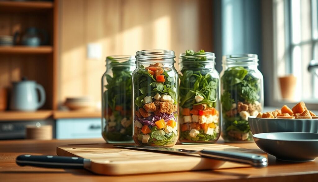 A cozy, minimalist kitchen with warm wooden textures and light blue accents. On the countertop, a series of glass jars filled with vibrant, layered salad ingredients - crisp greens, colorful vegetables, and protein-rich toppings. The lighting is soft and natural, casting a gentle glow over the scene. Carefully arranged in the foreground, a set of essential meal prep tools - a sharp knife, a cutting board, and a mixing bowl. The jars are the focal point, showcasing the step-by-step process of building the perfect portable lunch. The atmosphere is one of simplicity, organization, and the promise of a nourishing, make-ahead meal.