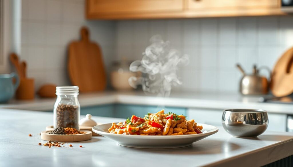 A cozy, minimalist kitchen with warm wooden textures and light blue accents. On the countertop, a plate of freshly reheated meal, steam rising, accompanied by a selection of spices, herbs, and seasonings. The lighting is soft and diffused, creating a comforting atmosphere. The composition focuses on the plate, emphasizing the tips for enhancing the flavor and texture of reheated dishes, like adding a splash of water, stirring frequently, and utilizing the microwave's defrost function for even heating. The overall mood is one of culinary care and mindfulness, inspiring the viewer to approach reheating their meals with attention to detail for optimal taste and enjoyment.