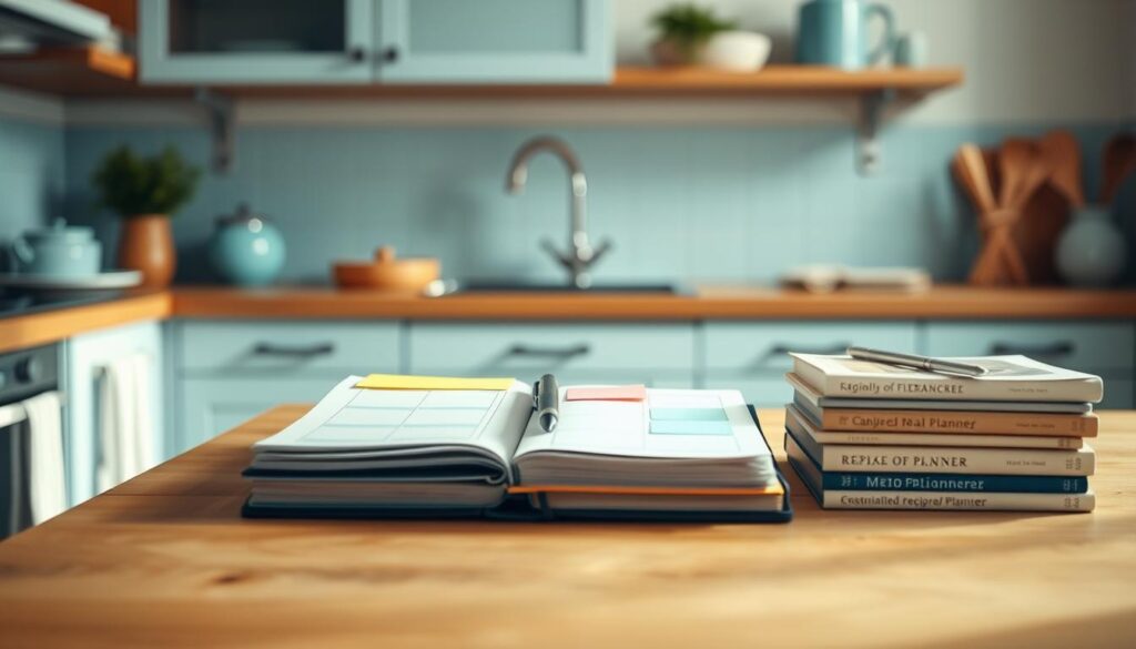 A cozy, minimalist kitchen with warm wooden textures and light blue accents. On the countertop, a clean, organized display of meal planning essentials - a weekly planner, colorful sticky notes, a pen, and a stack of recipe books. The soft, natural lighting casts a gentle glow, creating a serene and inviting atmosphere. The scene conveys a sense of intentional, sustainable meal preparation, with no visible hands to distract from the focus on the planning tools.