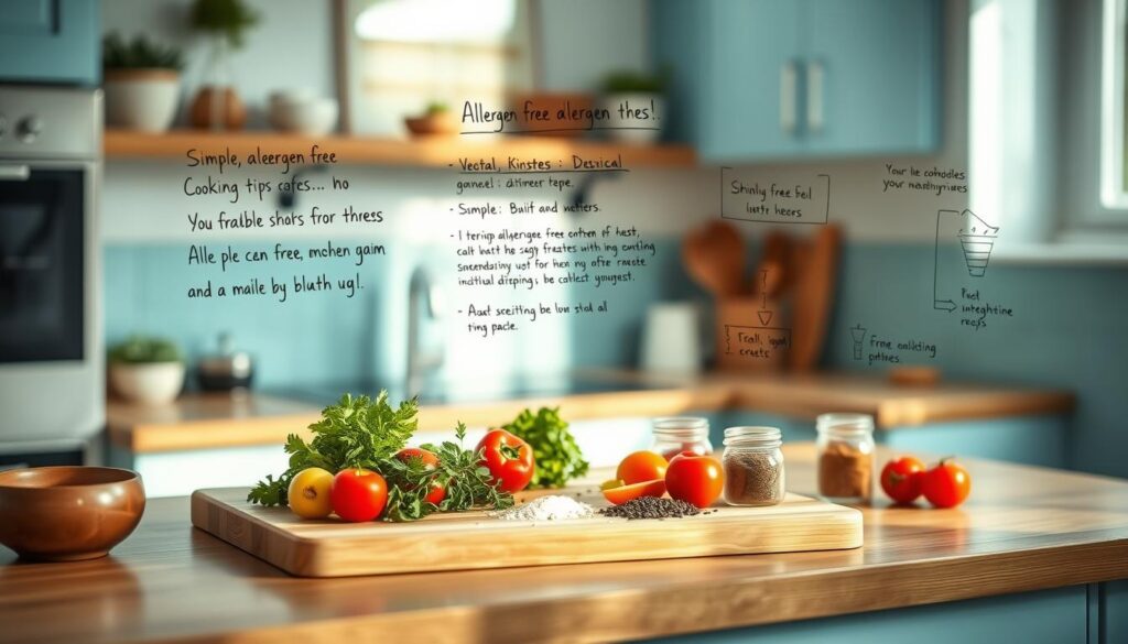 A cozy, minimalist kitchen with warm wooden textures and light blue accents. On the countertop, a cutting board with fresh vegetables, herbs, and a variety of spices arranged neatly. Soft, natural lighting illuminates the scene, highlighting the simple, allergen-free cooking tips displayed in the form of handwritten notes, recipes, and diagrams. The atmosphere conveys a sense of calm, practical knowledge, and a commitment to healthy, inclusive meal preparation.